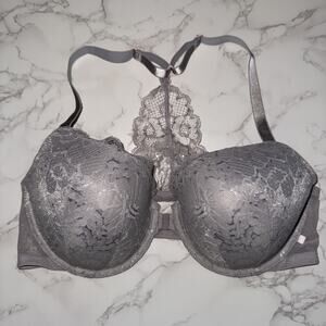 Victoria’s Secret Gray Floral Bra Size 38D Lined Demi Underwire Front Clasp